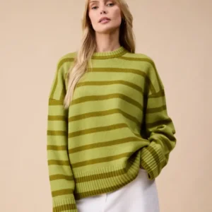 Merino Wool Crew Neck Jumper in Green Stripe