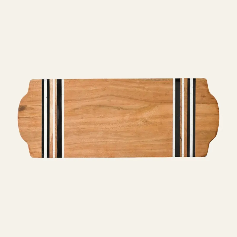 Juliska Stonewood Stripe serving board in natural wood with black and ivory stripe inlay.