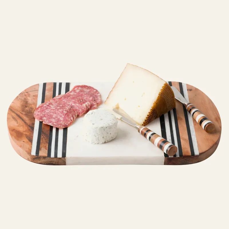 Juliska Stonewood Stripe marble and acacia wood serving board with spreader set.