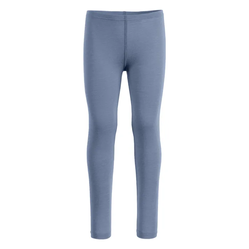 A front-view product shot of children's fitted leggings in a heathered dusty blue color, displayed flat against a pure white background. The leggings feature a simple elastic waistband and a visible center front seam.