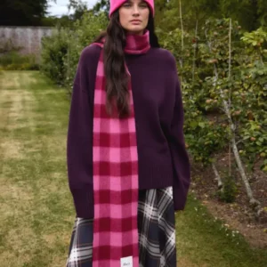 Lambswool Skinny Scarf in Pink & Burgundy Gingham