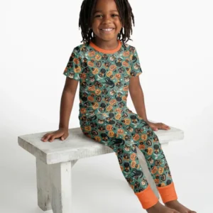 Retro Black Cat Witch Pumpkin Halloween Bamboo Two Piece Short Sleeve Pajama Set