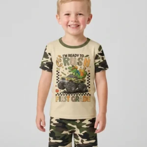 Back To School Monster Truck Dino Bamboo Two Piece Short Sleeve Shorts Pajama Set