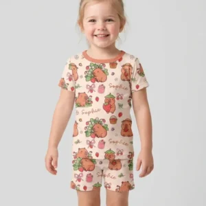 Custom Name Capybara Strawberry Bamboo Two Piece Short Sleeve Shorts Pajama Set