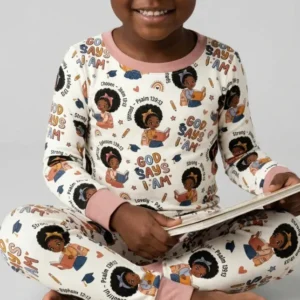 God Says I Am Cute Learning Afro Girl Bamboo Two Piece Long Sleeve Pajama Set