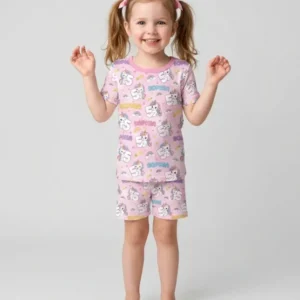 Custom Name Kawaii Unicorn Birthday Bamboo Two Piece Short Sleeve Shorts Pajama Set