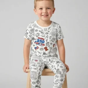 All Colorable Happy 250 America I love USA Bamboo Two Piece Short Sleeve Pajama Set