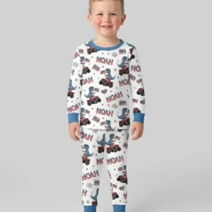 Custom Name American Flag Dinosaur Bamboo Two Piece Long Sleeve Pajama Set