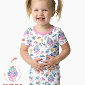 Personalized Cute Mermaid Bamboo Two Piece Short Sleeve Pajama Set