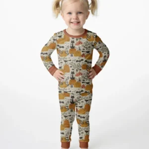 Cottagecore Halloween Cat Pumpkin Mushroom Bamboo Two Piece Long Sleeve Pajama Set