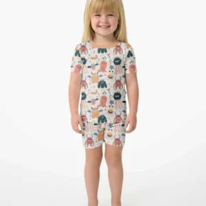 Monsters Fun Pastels Hand Painted Cute Bamboo Two Piece Short Sleeve Shorts Pajama Set
