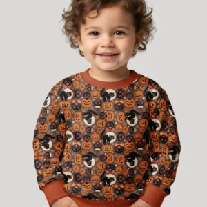 Vintage Halloween Black Cat Pumpkin Bamboo Crewneck Sweatshirt
