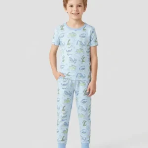 Dinos Swimming Custom Name Bamboo Two Piece Short Sleeve Pajama Set