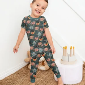 Folk Floral Black Cat Tea Party Bamboo Two Piece Short Sleeve Pajama Set