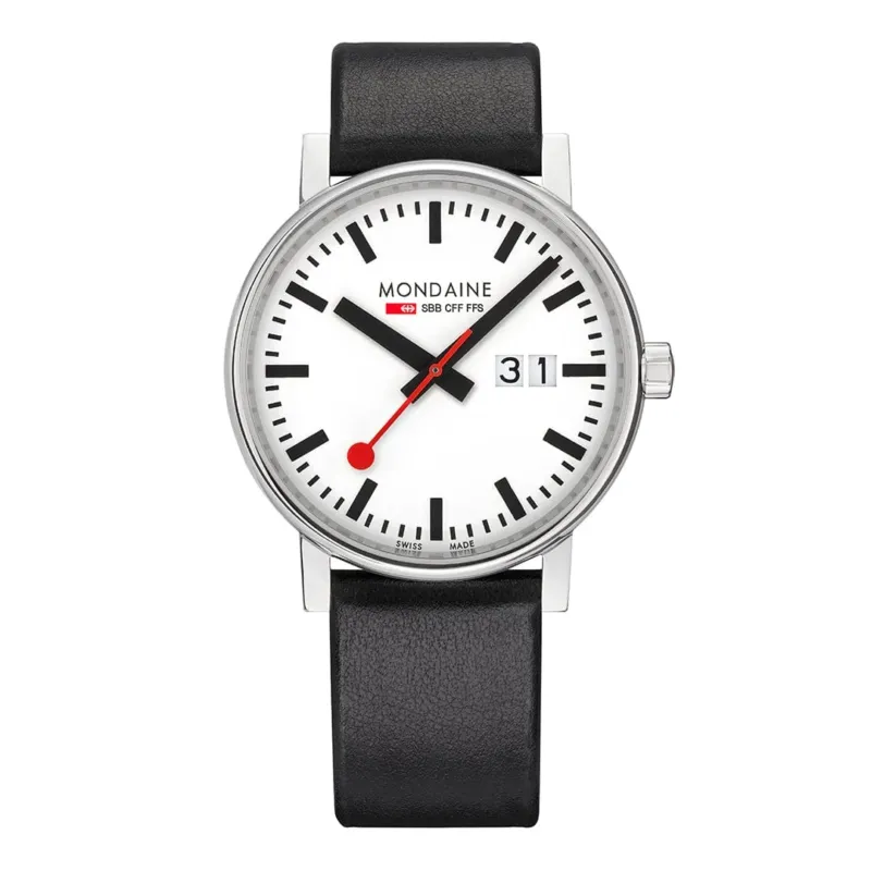 Herrenuhr mit schwarzem Armband, weißem Zifferblatt, roten Zeigern und Datumsfenster.