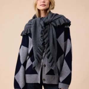 Large Merino Wool Triangle Scarf in Grey Ruffle