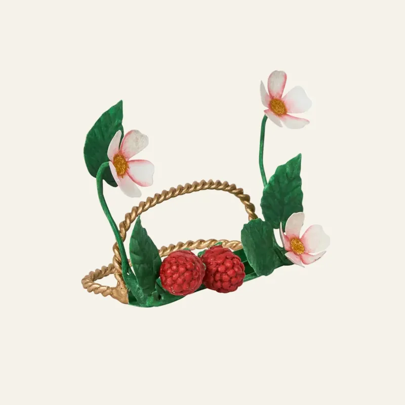 Juliska Meadow Walk berry place card holder with raspberries, white blooms, green leaves.