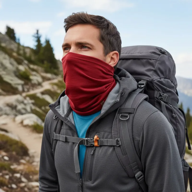Man hiking with a large backpack, dressed in a gray jacket and blue shirt, wearing a royal cherry red Merino wool neck gaiter covering his face.