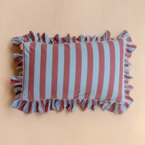 TBCo cotton pillowcase with blue and burgundy stripes and delicate ruffle trim, showcasing classic British bedding design