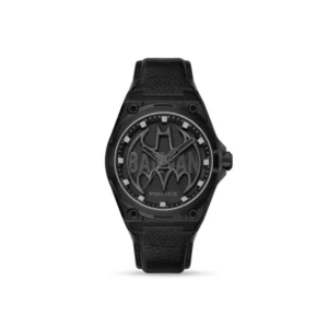 Herrenarmbanduhr mit schwarzem Lederarmband und rundem Gehäuse, Batman-Motiv auf dem Zifferblatt