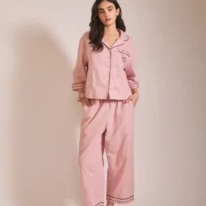 Portrait image of TBCo Cropped Cotton & Linen Pyjamas in Pink with blackberry embroidered details, gallery position 1
