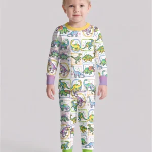 Dinosaur Colorful Stamps Bamboo Two Piece Long Sleeve Pajama Set