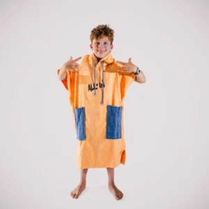 Poncho surf enfant ALL-IN Kid Kaï Surf Apricot, vue de face, éponge coton abricot et navy, SS26