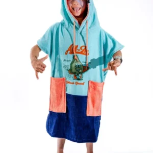 Poncho surf enfant ALL-IN Kid Maskot, vue de face, éponge coton turquoise et orange, SS26