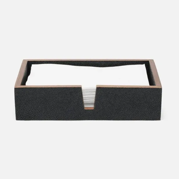 Pigeon & Poodle Manchester black shagreen hand towel tray set with white folded towels.
