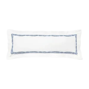 Sferra Cobblestones white lumbar pillow with navy embroidered border detail.