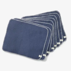 Coyuchi Conserve navy waffle-weave paperless towel set of eight, fanned display.