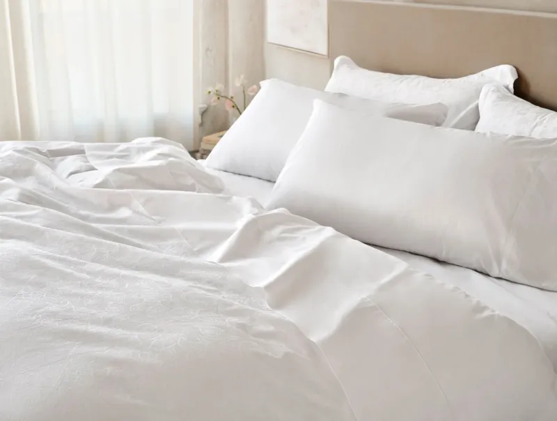 White duvet cover and pillows styled on a bed, soft natural light from sheer curtains.