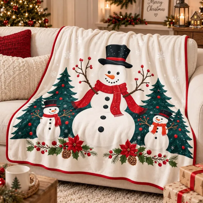 Snowman Christmas Tree Wonderland Bamboo Blanket