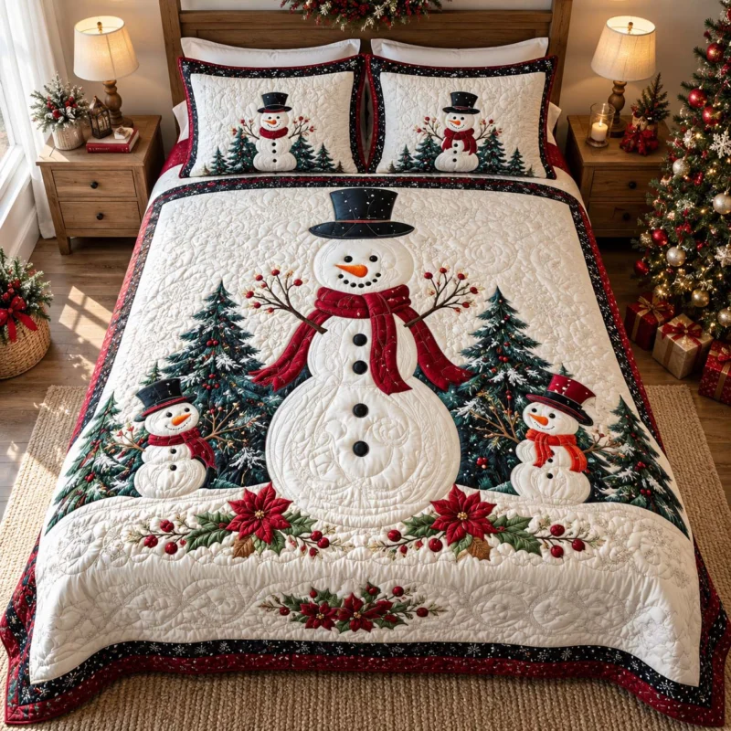 Snowman Family Christmas Forest Bamboo Quilt Bedding Set