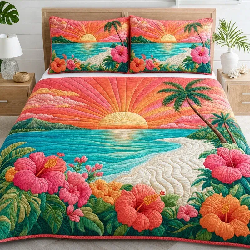 Sunbeam Dusk Tropical Bamboo Quilt Bedding Set