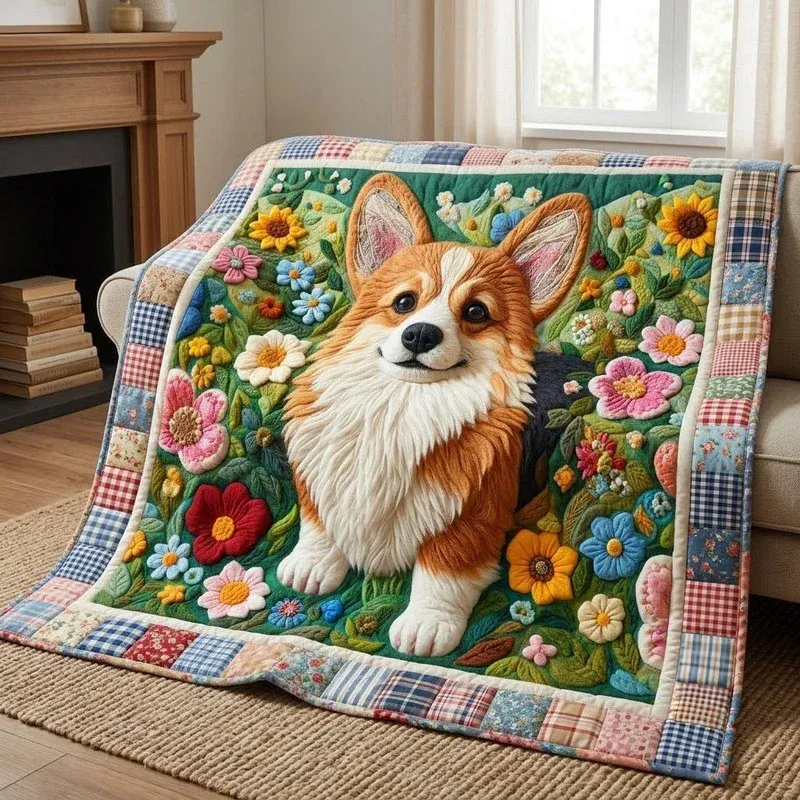 Sunny Flower Corgi Bamboo Quilt Blanket