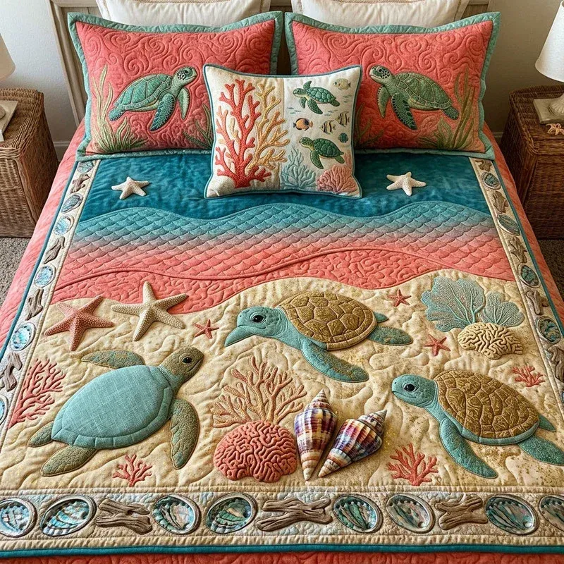 Sunset Coral Haven Bamboo Quilt Bedding Set