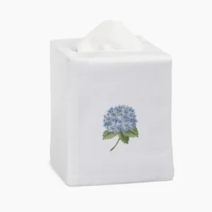 Henry Handwork white linen tissue box cover with embroidered blue hydrangea motif.