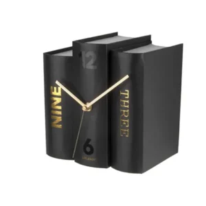 Bücherförmige Tischuhr, schwarzes Papiergehäuse, goldene Zeiger und Ziffer 2