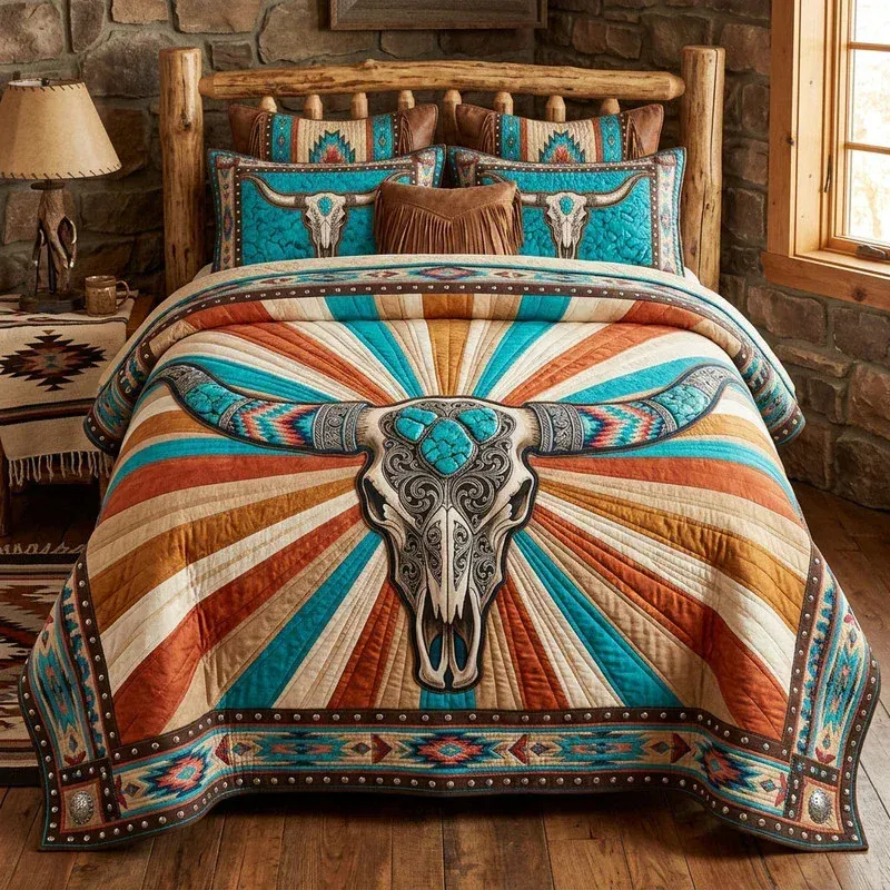 Terracotta Sunburst Skull Bamboo Quilt Bedding Set