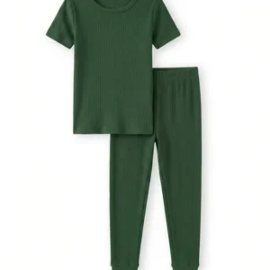 Forest Green Ribbed Bamboo Two Piece Short Sleeve Pajama Set