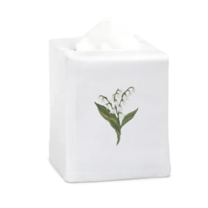 Henry Handwork white linen tissue box cover with lily of the valley botanical embroidery.