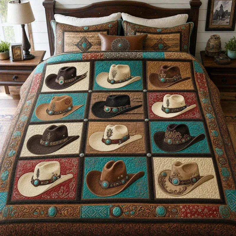 Turquoise Cowboy Hats Bamboo Quilt Bedding Set
