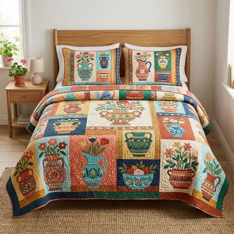 Vibrant Urn Center Bamboo Quilt Bedding Set