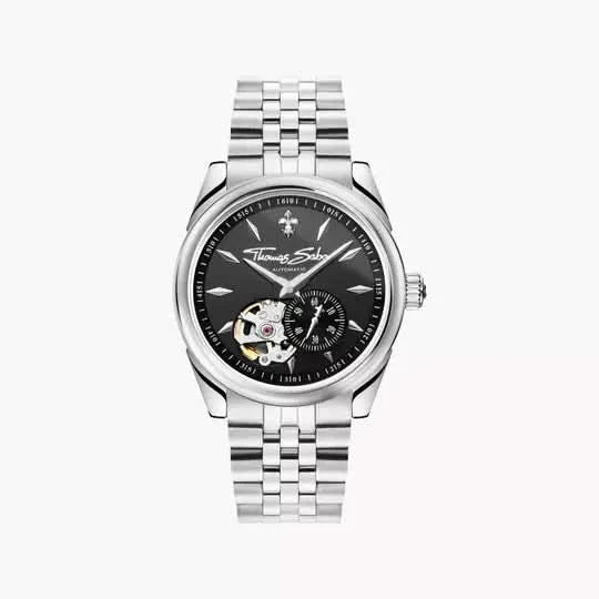 Silberne Automatikuhr mit Metallarmband und schwarzem Zifferblatt