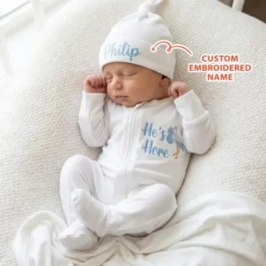 Personalized Welcome Baby Embroidered Bamboo Zipper Footie