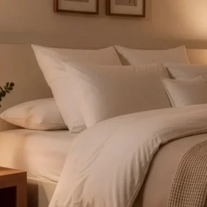 A neatly made bed with LETTO Woodland Percale pillowcase set and white pillows sits beside a wooden nightstand with a vase of greenery, softly illuminated by a nearby lamp.
