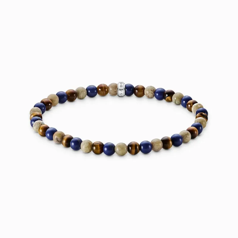 Perlenarmband mit dunkelblauen, braunen und beigen Steinperlen, rund