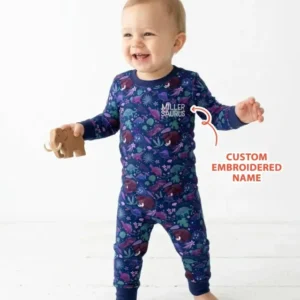 Custom Name Embroidered Dino Dream Night Bamboo Two Piece Long Sleeve Pajama Set