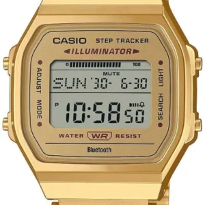Goldfarbene Casio Schrittzähler-Herrenuhr mit digitalem Display und Metallarmband